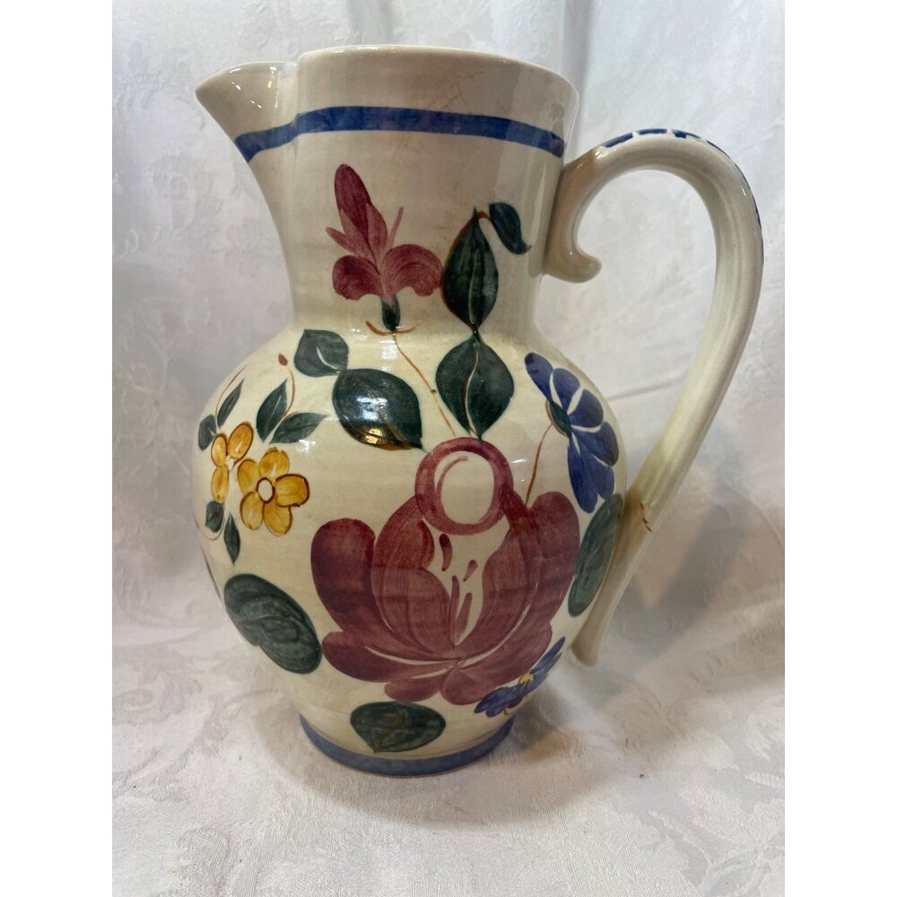 Vintage Handpainted Floral Ceramic Pitcher With Handle *DAMAGED*READ*